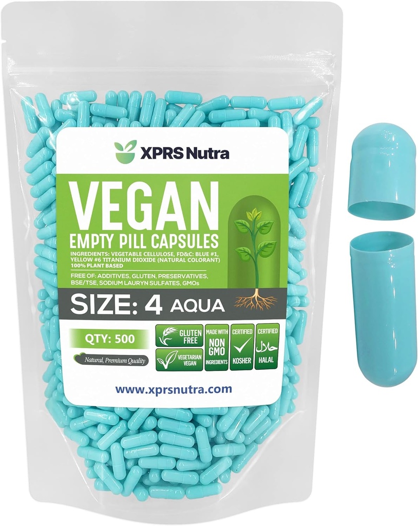 XPRS Nutra Rozmiar 4 Puste kapsułki - 500 Hrabia Małe puste kapsułki wegańskie - DIE Kapsułki warzywne Napełnianie - Wypełniane Do- It- Yourself Veggie Pill Czapki na suplementy (Aqua)