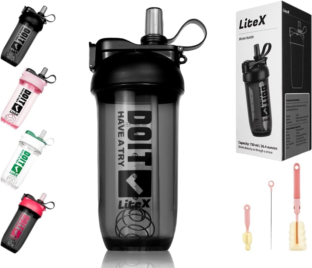 Litex Shaker Butelki do shake 'ów protein, 26oz Blender Shaker Butelka do wstępnego treningu, Shaker Cups with Straw, Butelki Tritan Mixer dla proszku protein, z pędzlem i instrukcją (czarny)