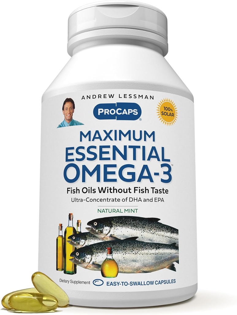 ANDREW LESSMAN Maximum Essential Omega-3 Mint - 30 Softgels - Ultra- Pure, High Potency Omega-3 Oils. Wysoka DHA, brak żołądka, brak środków trujących, brak rtęci. Małe łatwe do połykania Softgels