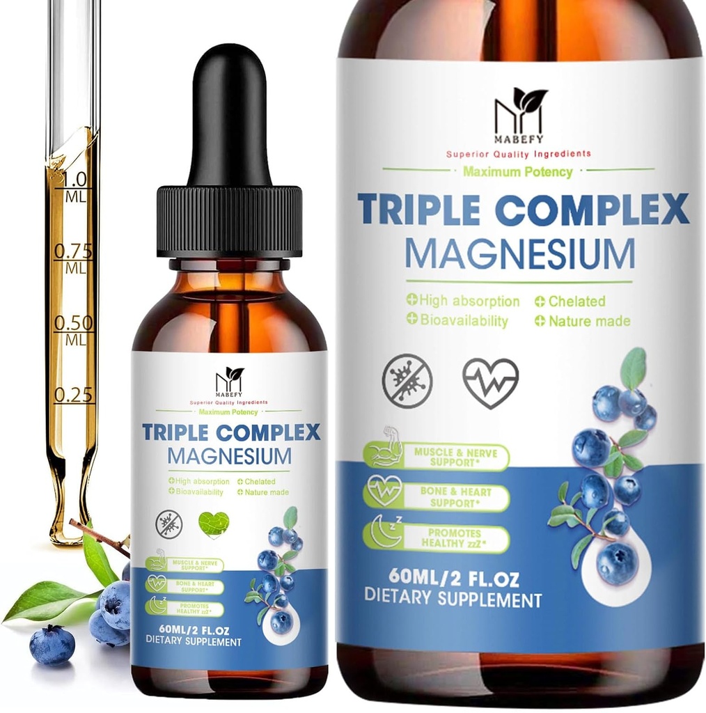 Magnezu Glicynian płynny Suplement z Taurate, Malate dla uspokojenia, Krampy nogi, Energia 124; Bez cukru i naturalnych wegan Magnezu, Blueberry Flavor