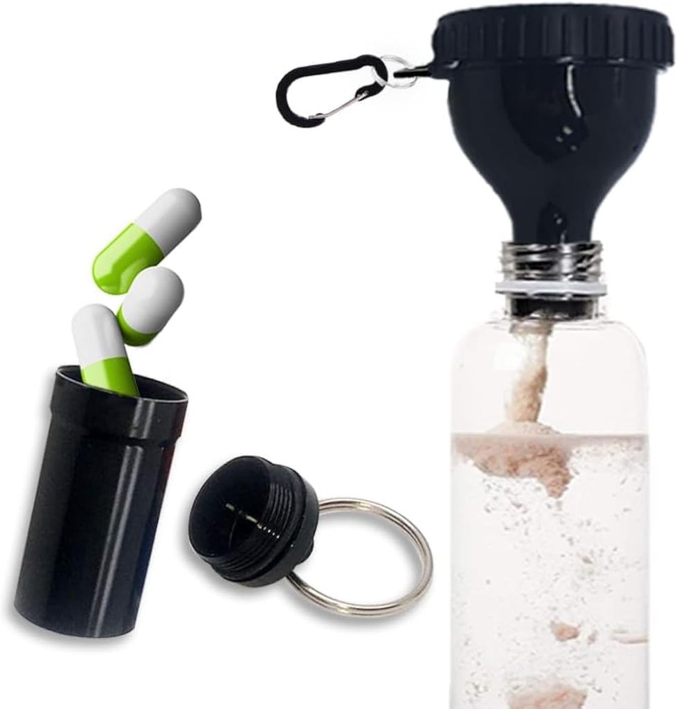 Kontener z proszkiem proteinowym na wynos z aluminium Alloy Mini Pocket Pill Box i Carabiner Clip Supplement z Cap for Water Bottle Pre Workout Gym Mini Travel Feels Shaker Cup