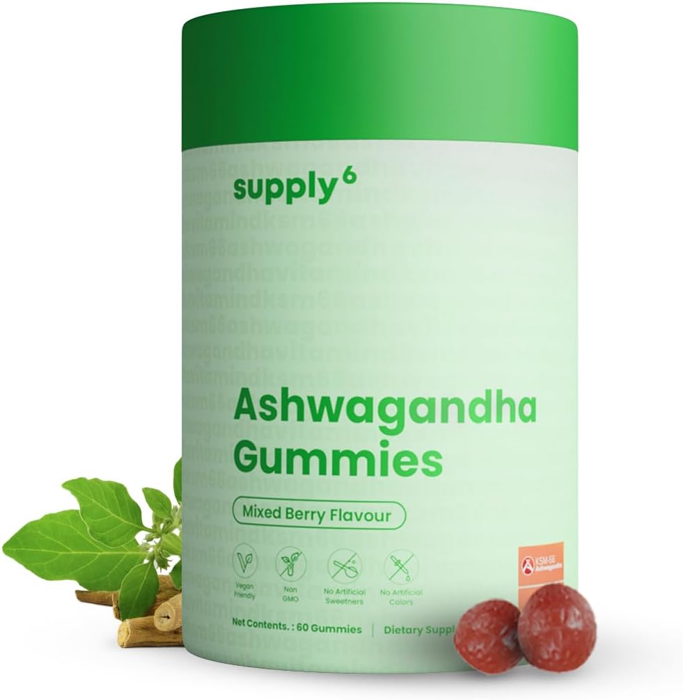 Supply6 KSM- 66 Ashwagandha & witamina D Gummy - 60 Hrabia - Mieszane jagody, KSM- 66, Wegan, Roślina oparta, Non-GMO, Gluten- Free & Żelatyna Free, dla Happier You, Pack of 1