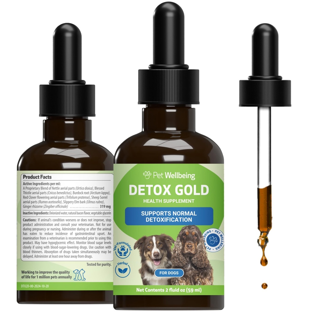 Złoto Detox dla psów - Delikatne Detoksykacja i Eliminacja Wsparcie, Pielęgnacja układu immunologicznego, Nettle, Błogosławiony Thistle, Burdock Root - Weteranarian- suplement ziołowy 2 oz (59 ml)