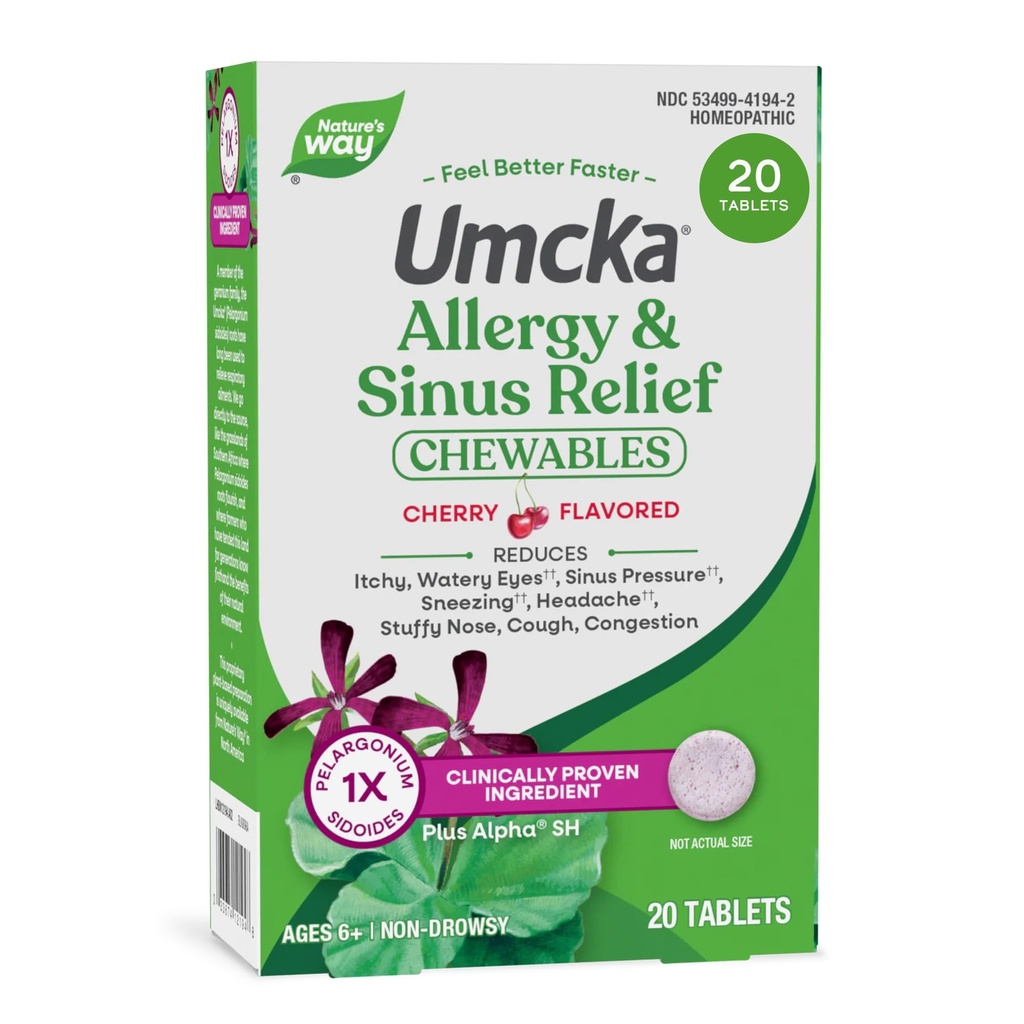 Nature 's Way Allergy + Sinus Relief Chewables, Umcka, Sneezing *, Runny Nose *, Headache *, Cough, Congestion, No Fenylephrine, Non- Drowsy, Cherry Flavored, 20 Tabletki do żucia (Packaging May Vary)