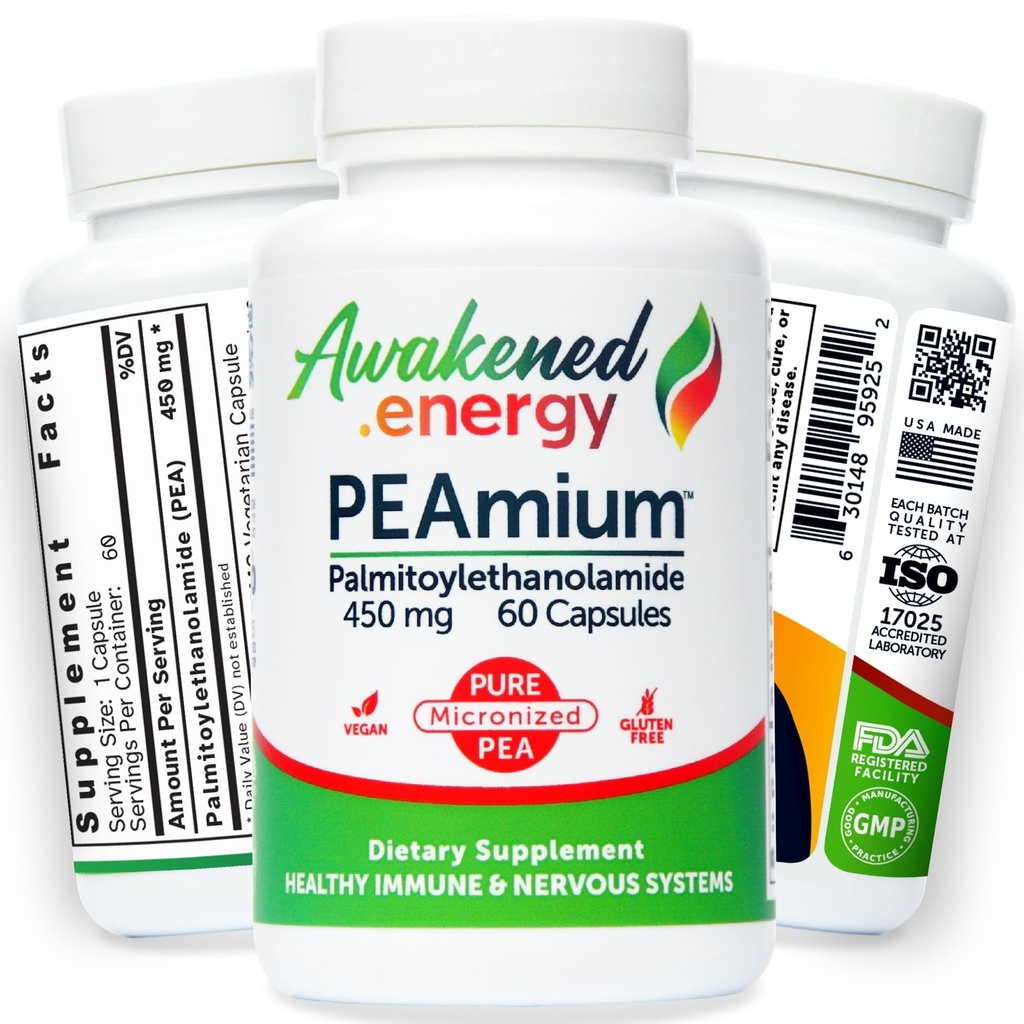 Palmitoyletanolamid 450mg Comfort Mobility Nerves Cognitive & Immune Support - Mikronizowane Wysokie Wchłanianie - All Natural Pea - USA Made - Brak dodatków lub substancji pomocniczych - 60 Vegan Suplement kapsułki