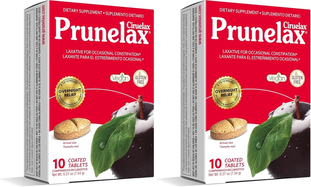 Prunelax Ciruelax Regularna Siła Laxative Tablets - Natural-Ingredient Based Laxative for Ocasional Conservation, Predictable Overnight Relief with Senna Leaf Extracts, 8- 12 Hr Fast- Acting - 10ct