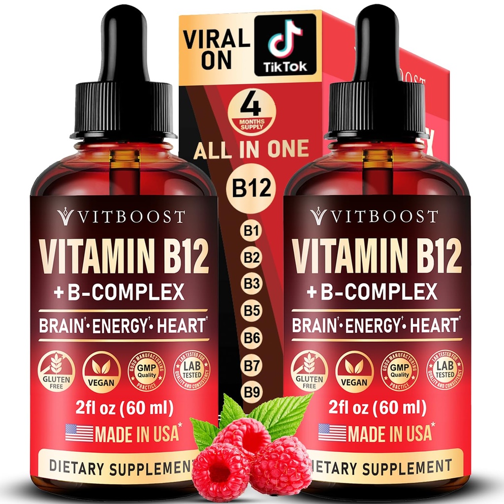 Wegańska witamina B12 z B Complex 20000 µg - Dodatkowa siła dla mężczyzn i kobiet - Malina płynne krople 124; USA Made, B1, B2, B3, B5, B6, Biotin, Kwas foliowy & B12 Podjęzykowe Methylcobalamina 124; 4 Dostawy miesięcy