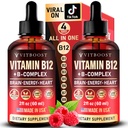 Wegańska witamina B12 z B Complex 20000 µg - Dodatkowa siła dla mężczyzn i kobiet - Malina płynne krople 124; USA Made, B1, B2, B3, B5, B6, Biotin, Kwas foliowy & B12 Podjęzykowe Methylcobalamina 124; 4 Dostawy miesięcy
