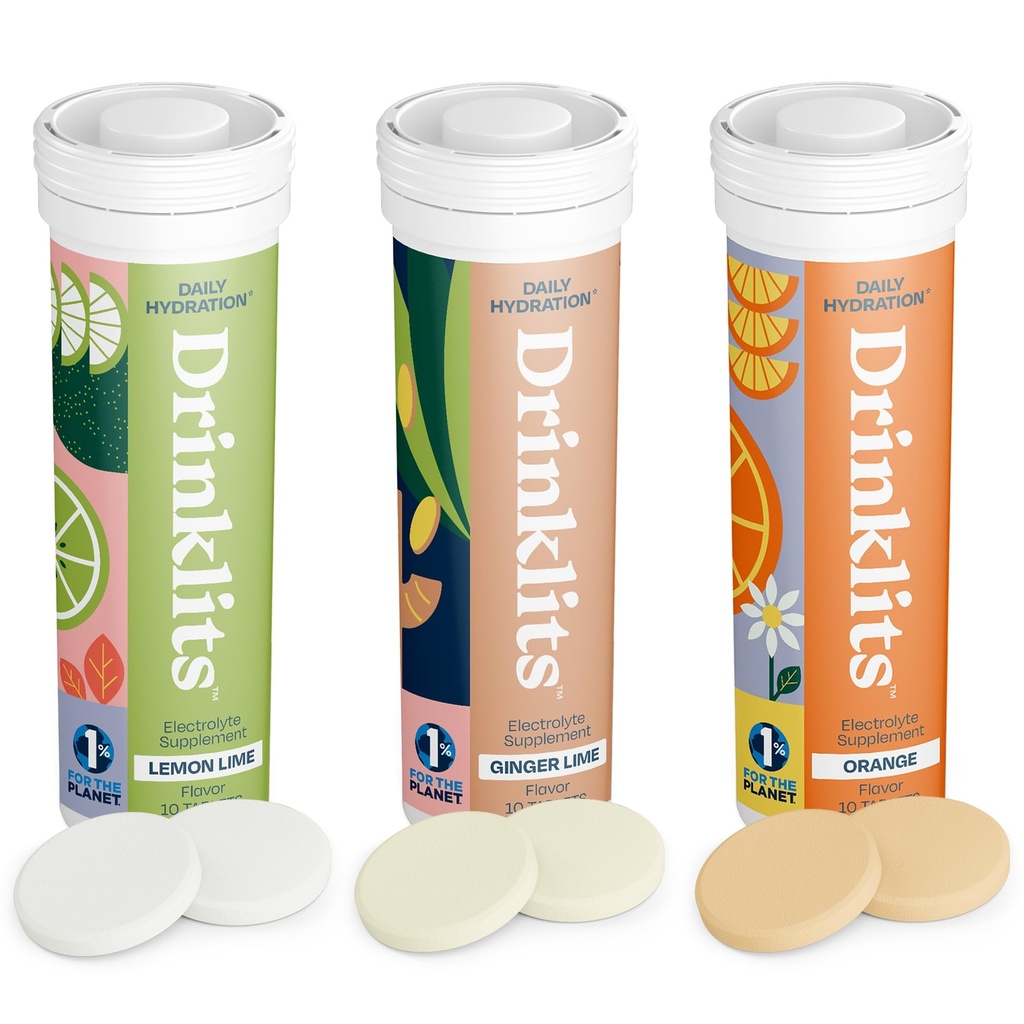 Drinklits Daily Hydration Variety Pack (3) Tube Bundle Budapest 124; Ginger- Lime + Lemon- Lime + Orange Description 124; Electrolyte Tablets - 0g Sugar - Great Taste Budapest 124; 30 Servings - 10 Tablets per Tube