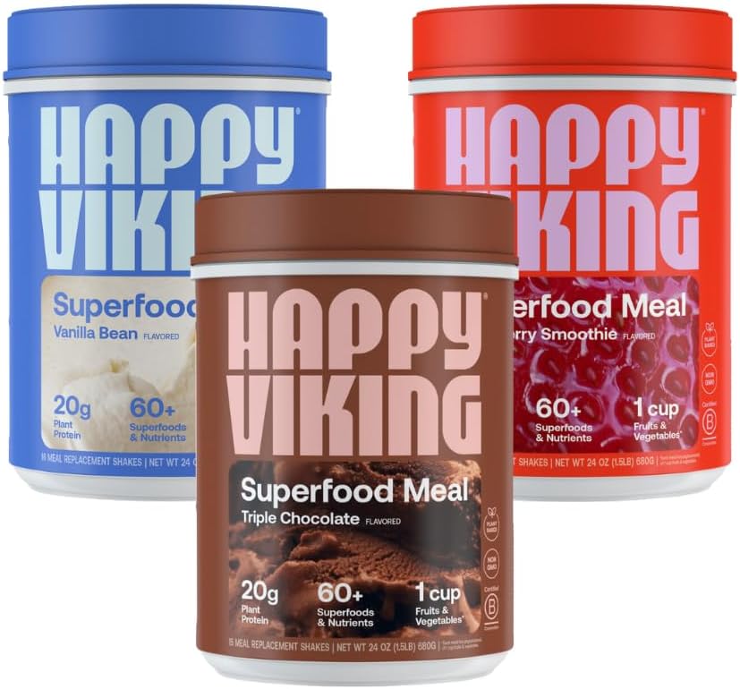 Szczęśliwy Viking Czekolada, Vanilla i Truskawka w proszku, przez Venus Williams, 20G Białko, Niski Carb, Keto, Wegan, Gluten- Free, Superfoods, Kompletny posiłek zastępowania, 3 kanistry (24 oz. Każda)