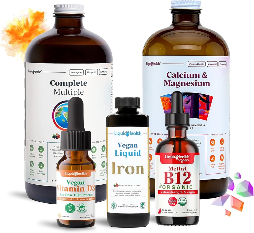 LIQUIDHEALTH Ultimate Bariatric Liquidity Supplement Bundle - Codzienna wielowitamina bariatryczna z żelazem, Wapniem, Magnezem, Witaminą Weganową D3 & Organic B12 - Bariatryczna chirurgia musi haves, USA Made