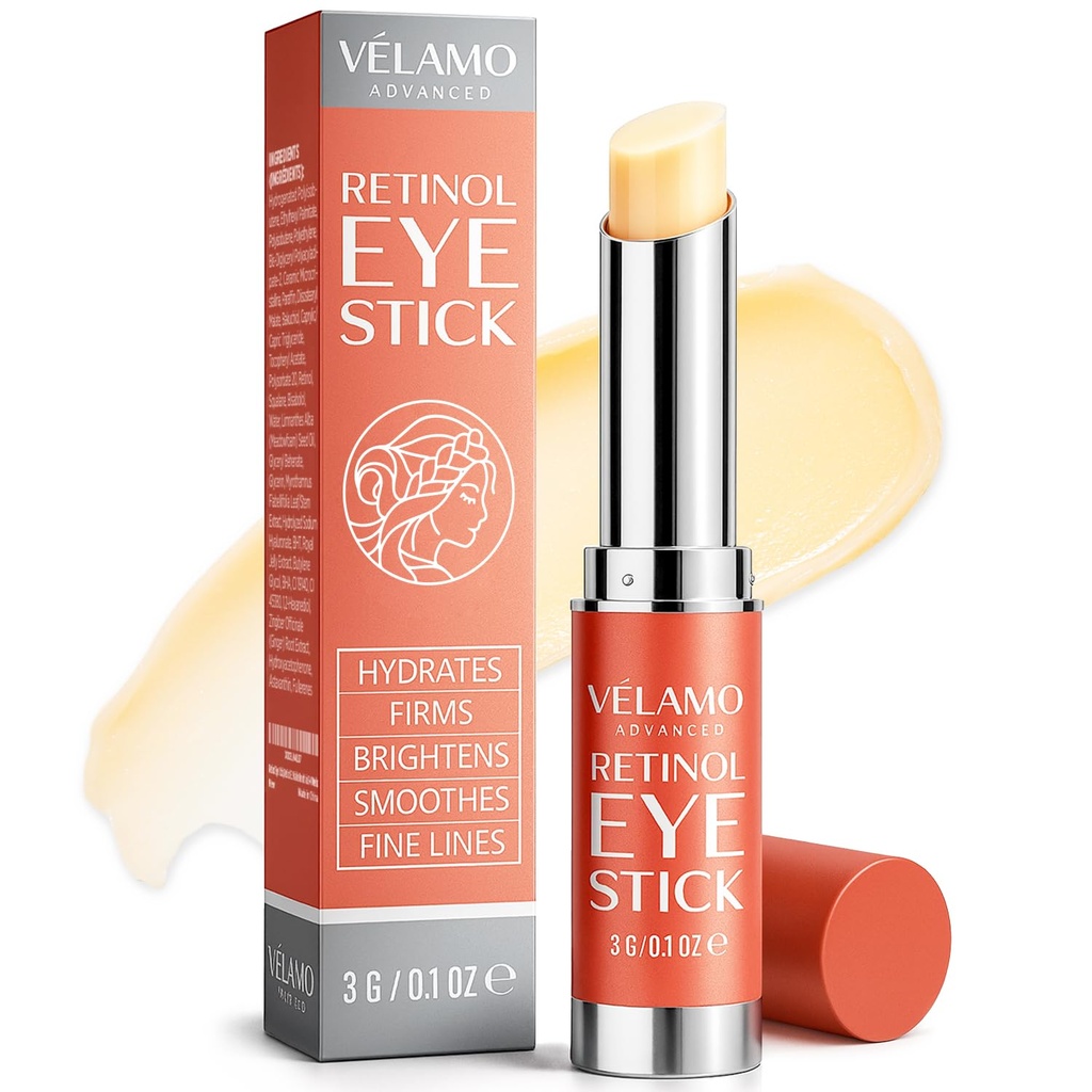 VELAMO ADVANCED Retinol Balsam do oczu Stick z Bakuchiol: Pod kremem do oczu dla ciemnych kręgów i puffness - Anti Aging Redukuje cienkie linie zmarszczek pod worki na oczy w 4- 8 tygodniu 0.1 OZ / 3g