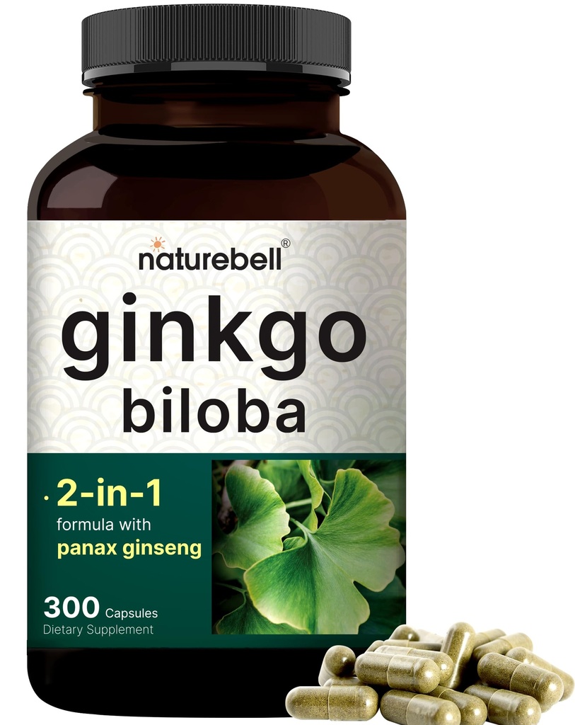NatureBell Ginkgo Biloba 6,000mg z Panax Ginseng 500mg Per Serving Network 124; 300 Kapsułek - Max Siła Ginko Biloba Extract Supplements - Promotes Memory, Focus, and Brain Health