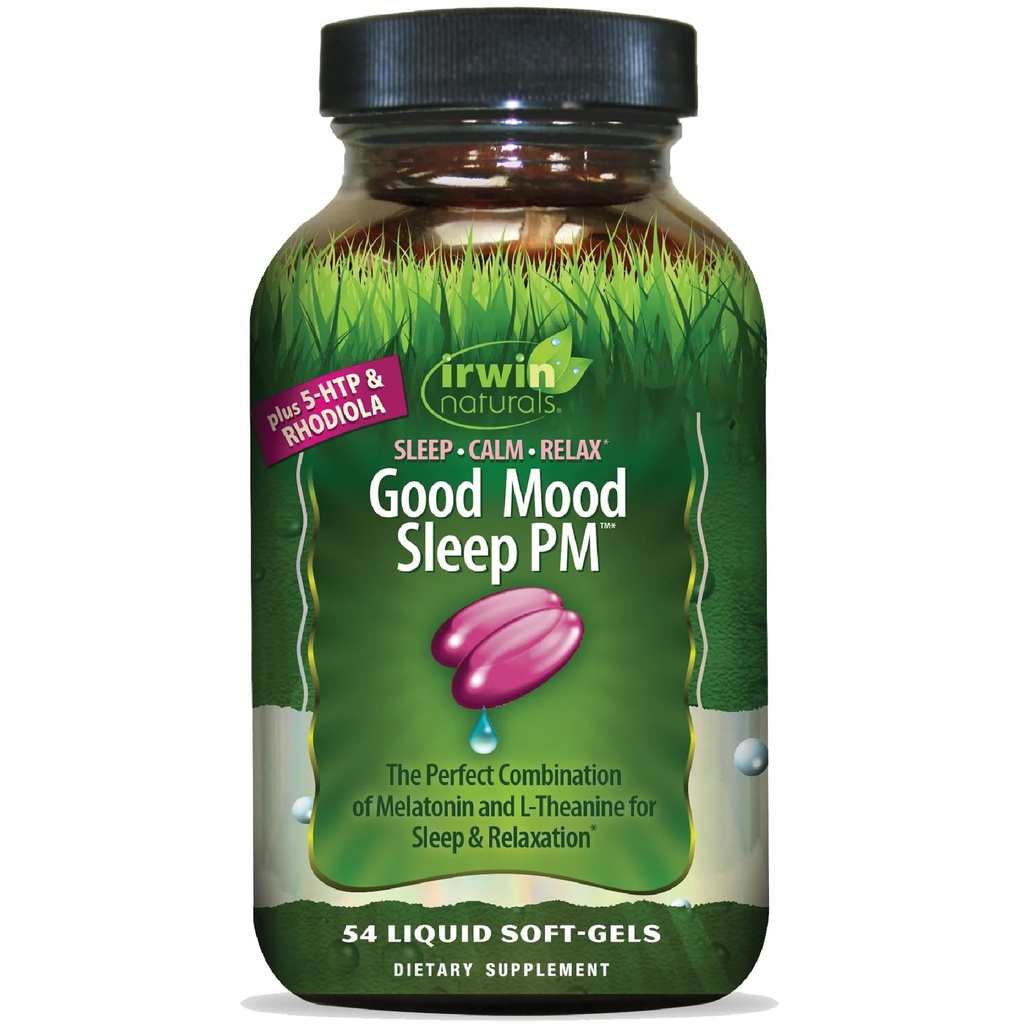 Irwin Naturals Good Mood Sleep PM - 54 Liquid Softgels - z Melatonin i L- Theanine dla odpoczynku i relaksacji - 18 Wszystkich Sług