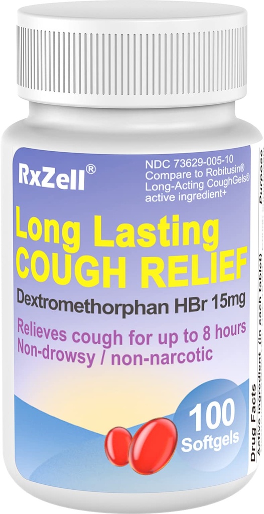 Dorosła ulga w kaszlu, Dextromethorphan HBr 15 mg (100 Softgeli), 8-godzinny okres trwałości, Non- Drowsy, Cough / Bronchial Suppressant