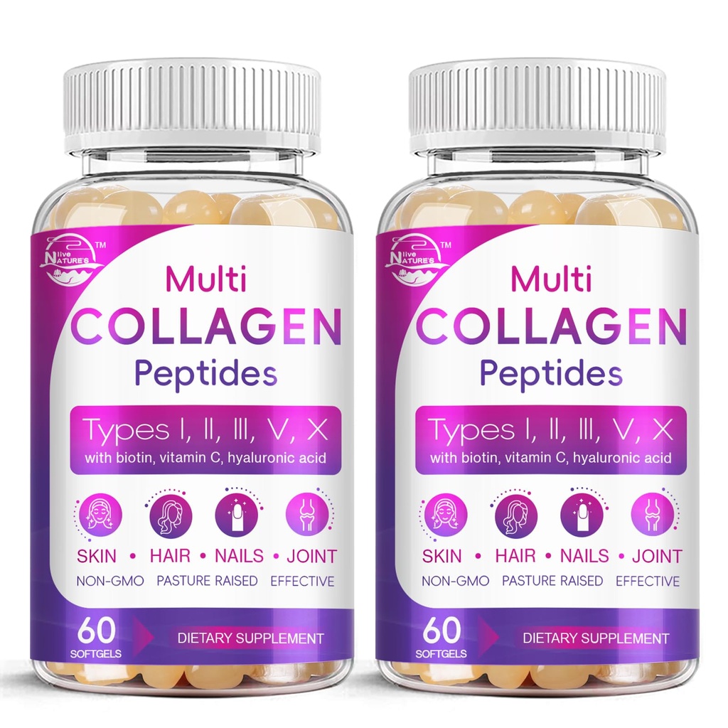 Multi Collagen Peptides Softgel - Type I, II, III, V, X - Hydrolyzed Collagen Peptides with Biotin, Vitamin C, Hyaluronic Acid, Supports Skin Hair Nail, Grass-Fed, Non-GMO, 60 Softgel, 2 Pack