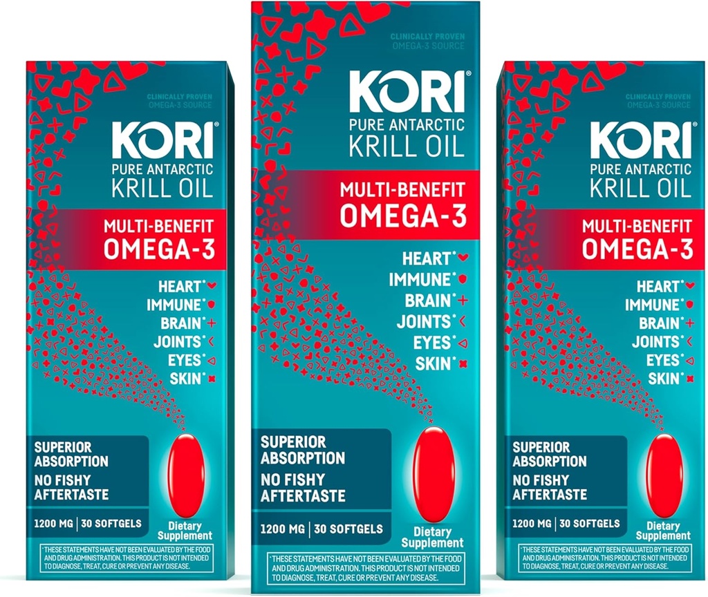Kori Krill Oil Omega 3 Supplement, Antarctic Krill Oil with Superior Absorption vs Fish Oil, 1200mg Softgels, 30 Softgels, EPA & DHA (Pack of 3)