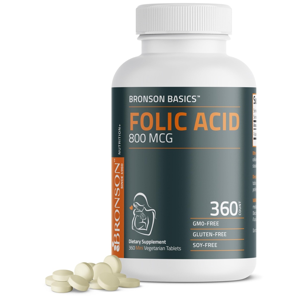 Bronson Folic Acid 800 MCG wspiera rozwój prenatalny, 1 Rok dostaw, Non-GMO, 360 Tabletki