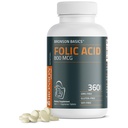 Bronson Folic Acid 800 MCG wspiera rozwój prenatalny, 1 Rok dostaw, Non-GMO, 360 Tabletki
