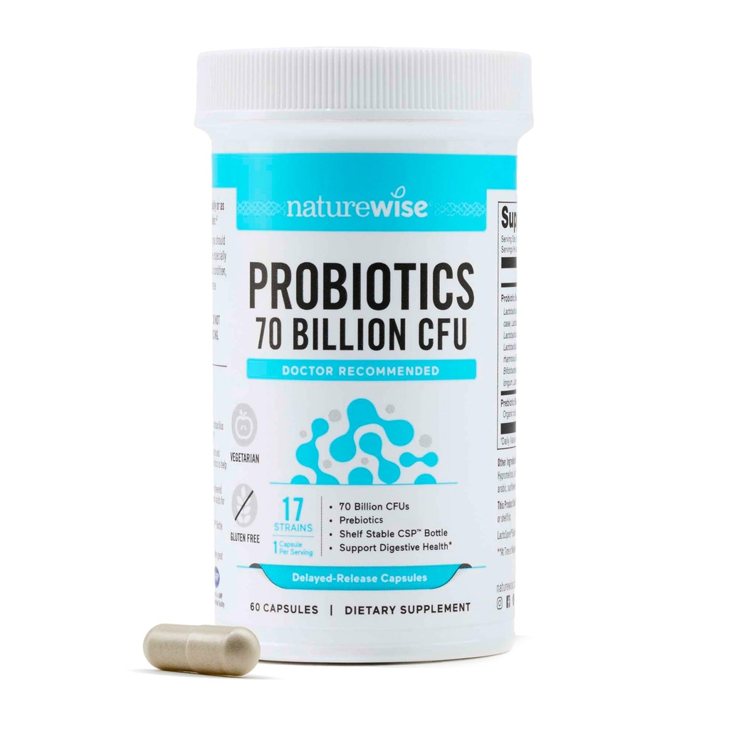 NatureWise Probiotyki 70 Miliard CFU - 17 Szczepów + Prebiotyki Organiczne - Immune, Digestive & Gut Wsparcie zdrowia dla kobiet i mężczyzn - Wegetarianin, Gluten- Free, Non-GMO - 60 Kapsułki [2- Miesiąc dostaw]