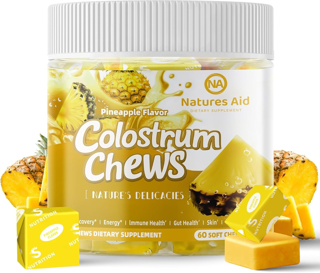 Colostrum Chews Suplement z probiotyką dla zdrowia Gut, wzdęcia, wsparcia immunologicznego, Skóra, Wzrost włosów i uroda - aromat ananasowy (60 Słupki)