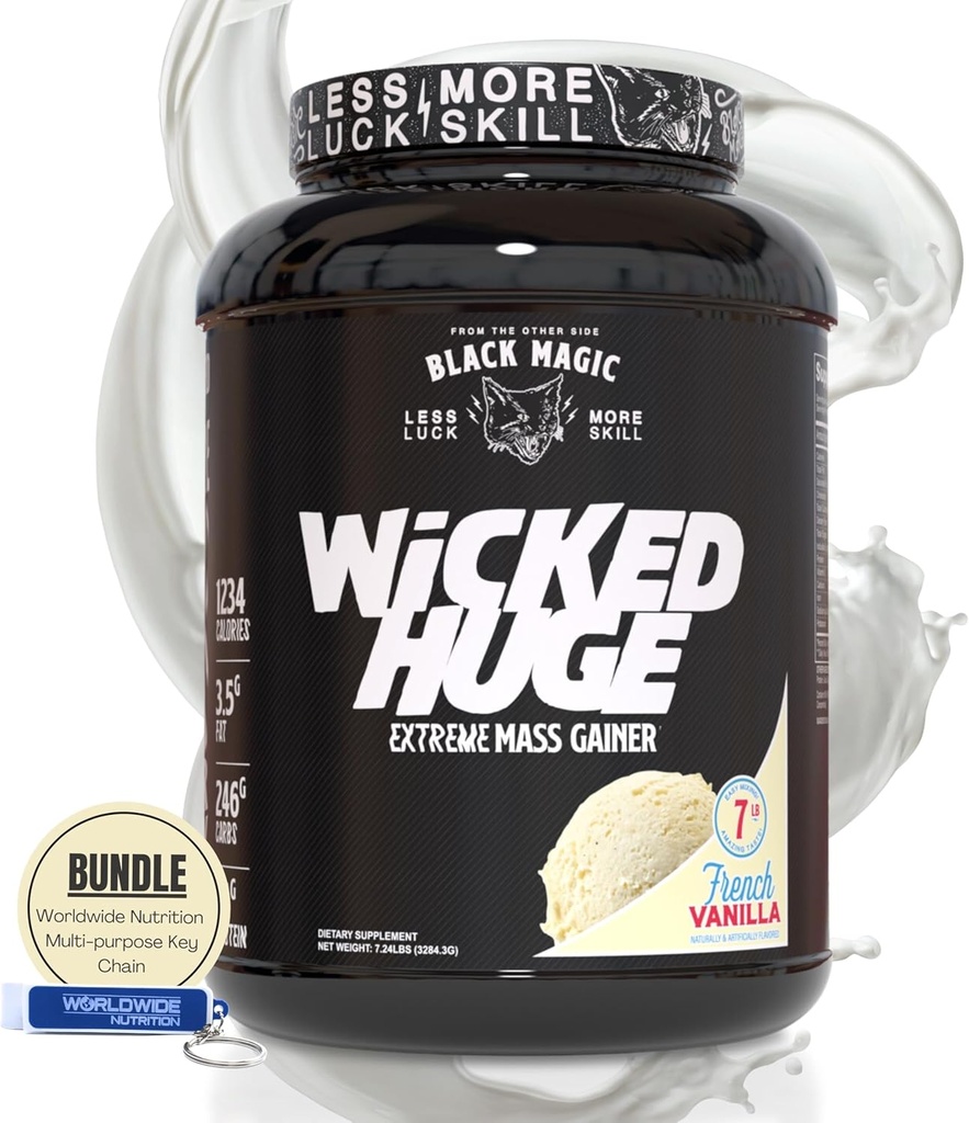 Worldwide Nutrition Bundle kompatybilny z Black Magic Wicked Olbrzymia - Mass Gainer Francuski Vanilla Flavor dla wsparcia mięśni i odzyskiwania, 7.24 LBS Proszek proteinowy Suplement z Keychain