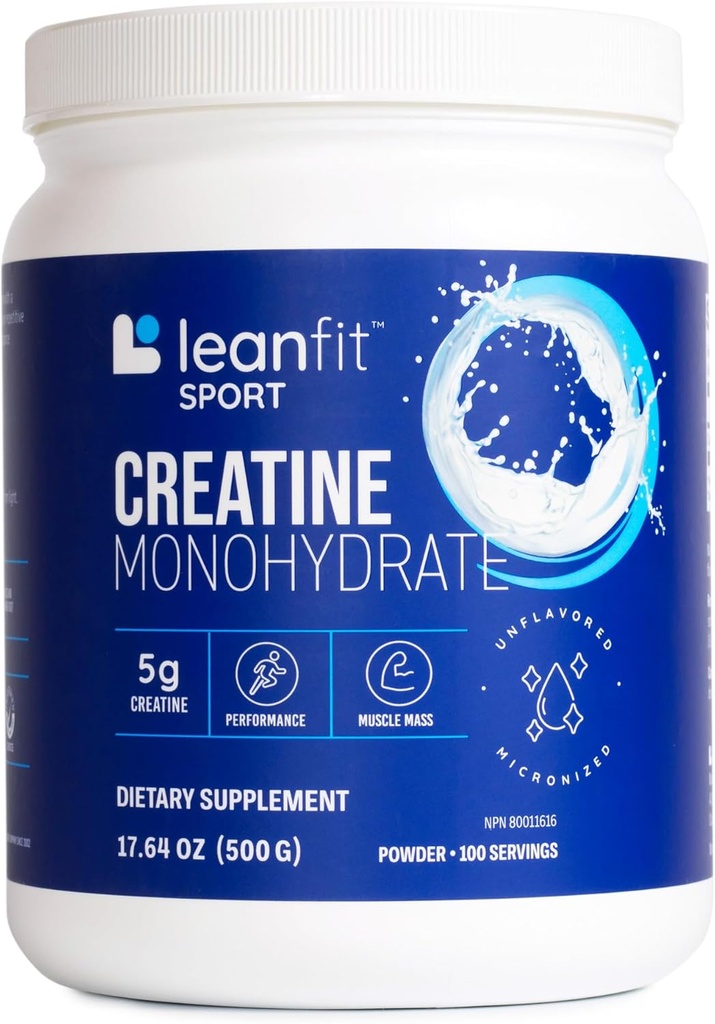 LeanFit Sport CREATINE MONOHYDRATE Proszek, Nieflawowany - Informowany wybór Certified, Mikronized & Pharmaceutical Grade Creatyne, Gluten- Free, Wegan - 5g Creatyne Per Serving, 100 Sług, 17.64oz Tub