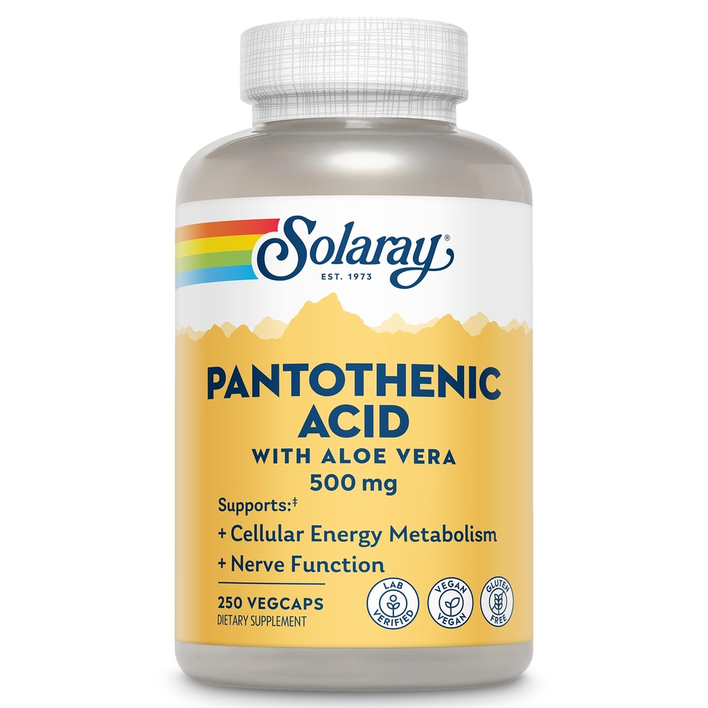 SOLARAY Kwas pantotenowy 500mg - Suplement kwasu pantotenowego (witamina B5) - Witamina kompleksowa B - System nerwowy i wsparcie energii komórkowej - wegan, Gluten wolny, 60- dzień Guaratee, 250 Służenie