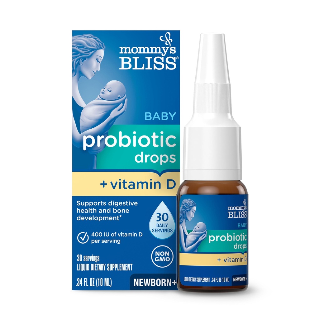 Błyskawiczne probiotyki mamusi + krople witaminy D, Wspomaga zdrowie i działanie immunologiczne *, 400IU Witamina D, Wspomaga rozwój kości *, Noworodki +, Flavorless, 0,34 Fl Oz (30 Sług)