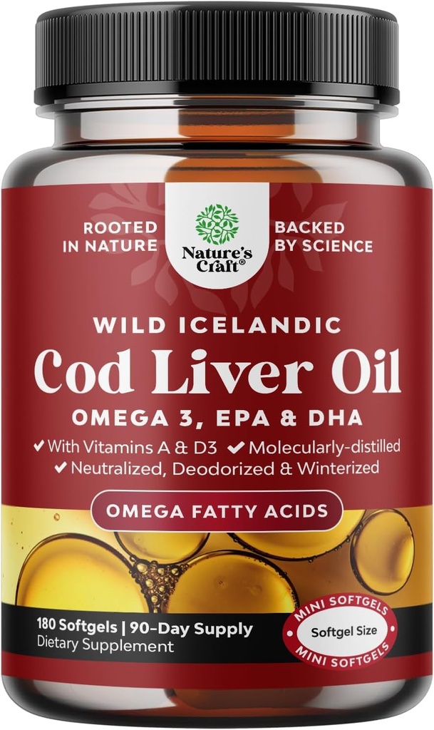 Islandzki Cod Liver Oil Softgels - Wild Caught EPA DHA Omega 3 Fish Oil 1000mg za porcję - Zrównoważony smak Burpless Fish Oil Supplement z witaminą D3 & A dla serca wspólnego mózgu i immunologicznego wsparcia