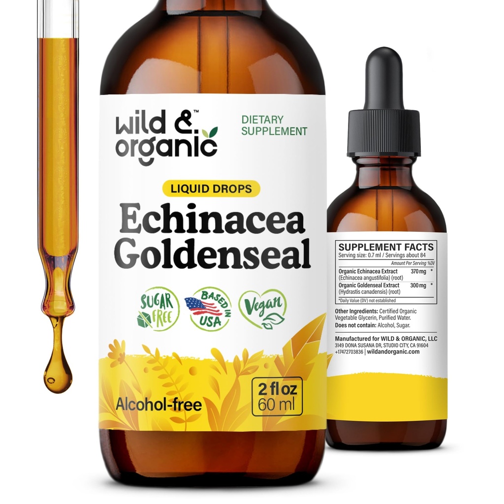 Wild & Organic Echinacea Goldenseal płynne krople - suplement wsparcia immunologicznego w / Goldenseal Echinacea Root Extract - Vegan, Cukier i Alkohol Free Tincture - 2 fl oz