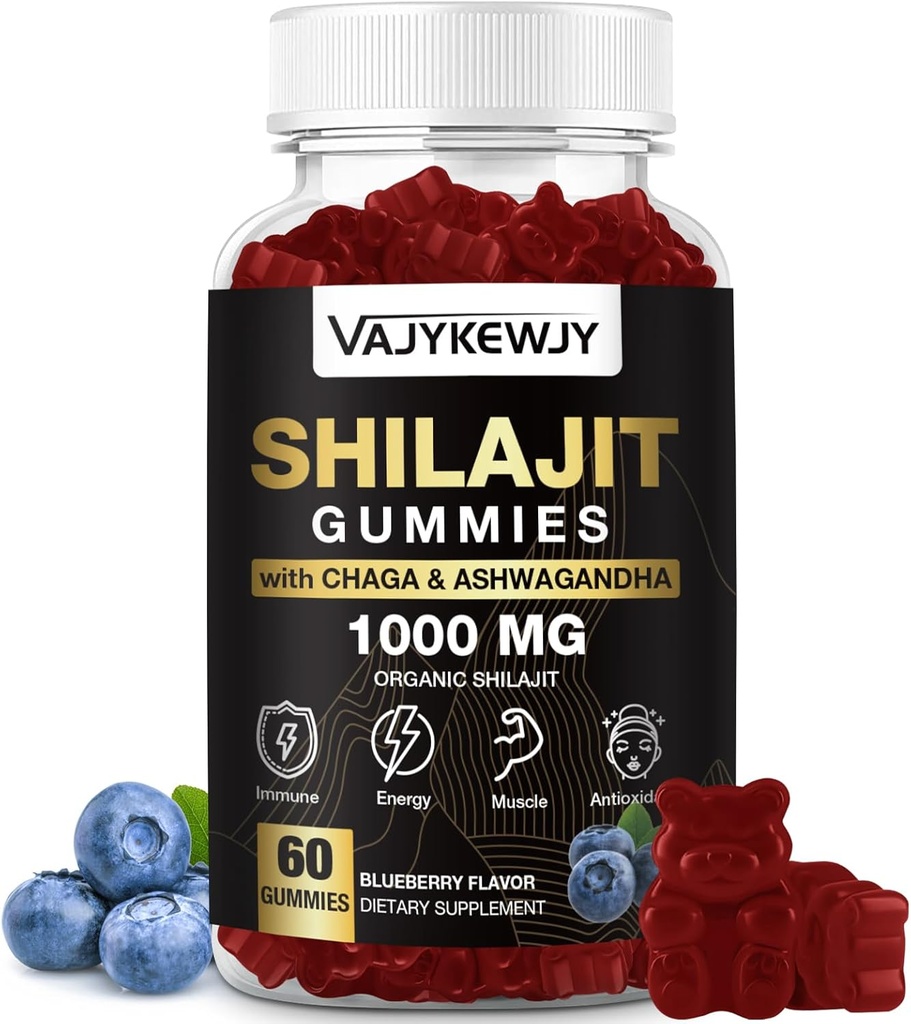 1000 MG Shilajit Gummies, Organic Shilajit Gummies z 85 + Ślad minerałów, kwasu Fulvic, Shilajit dla mężczyzn i kobiet, Shilajit Resin, Shilajit Himalayan Organic for Energy, Mózg, Immunitet, 60 Hrabia