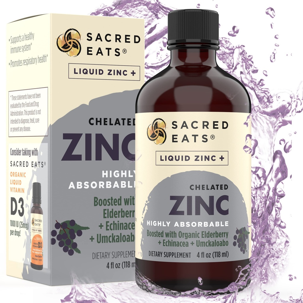 Cynk płynny (Glycinate Chelate) z organiczną Elderberry & Echinacea (Wysoka w Quercetin) 124; 4-in-1 Immune Suport Suplement dla dorosłych i dzieci, Wielki Degustacja 124; Alkohol & Gluten Free, Nie GMO (4.0 Oz)