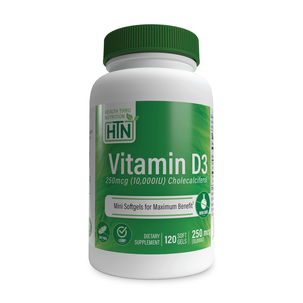 Zdrowie Thru Nutrition Witamina D3 10,000iu 120 Mini Softgels dla maksymalnych korzyści 124; 250mcg Cholecalciferol 124; 3. strona Tested 124; Nie-GMO USP Stopień jakości ekologicznej EVOO 124; Wsparcie dla zdrowia immunologicznego