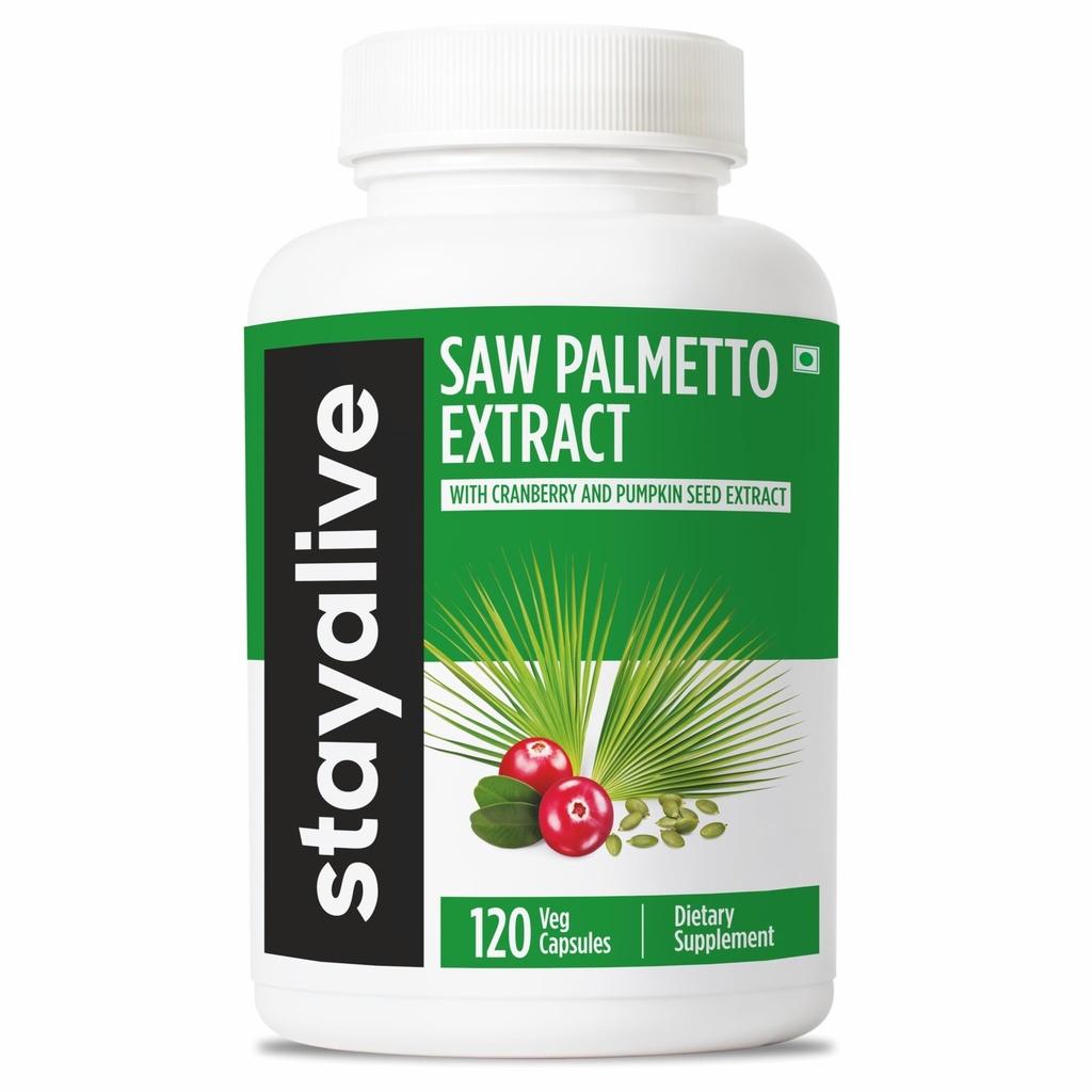 STAY ALIVE Saw Palmetto Ekstrakt Kapsułki w / Żurawinka i olej z nasion dyni, 120 Vegan pigułki na włosy, U.T & Prostate, Pure Saw Palmetto dla mężczyzn i kobiet, Non-GMO, Gluten Free Pumpkin Seed Supplement