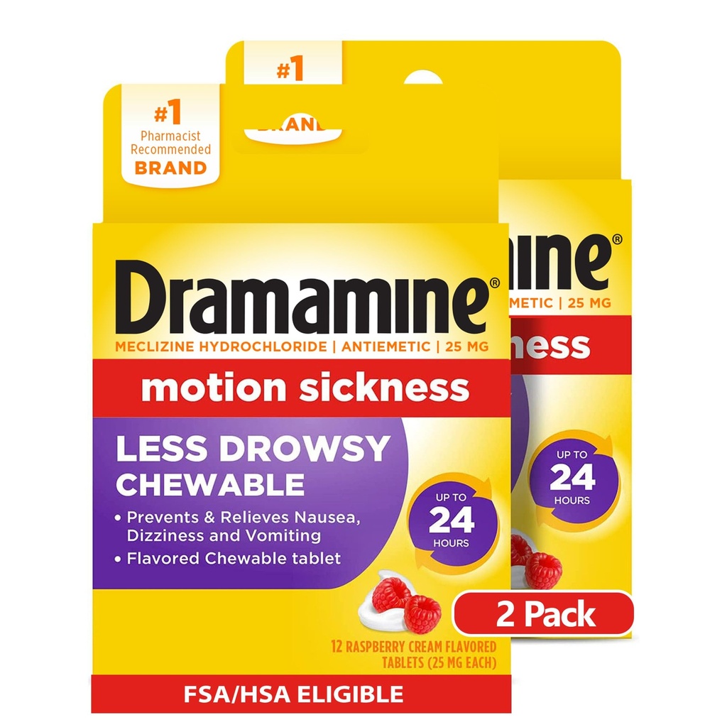 Dramamina do żucia Mniej Drowsy, Motion choroby relief, Malina krem Flavor, 12 Count, 2 Pack