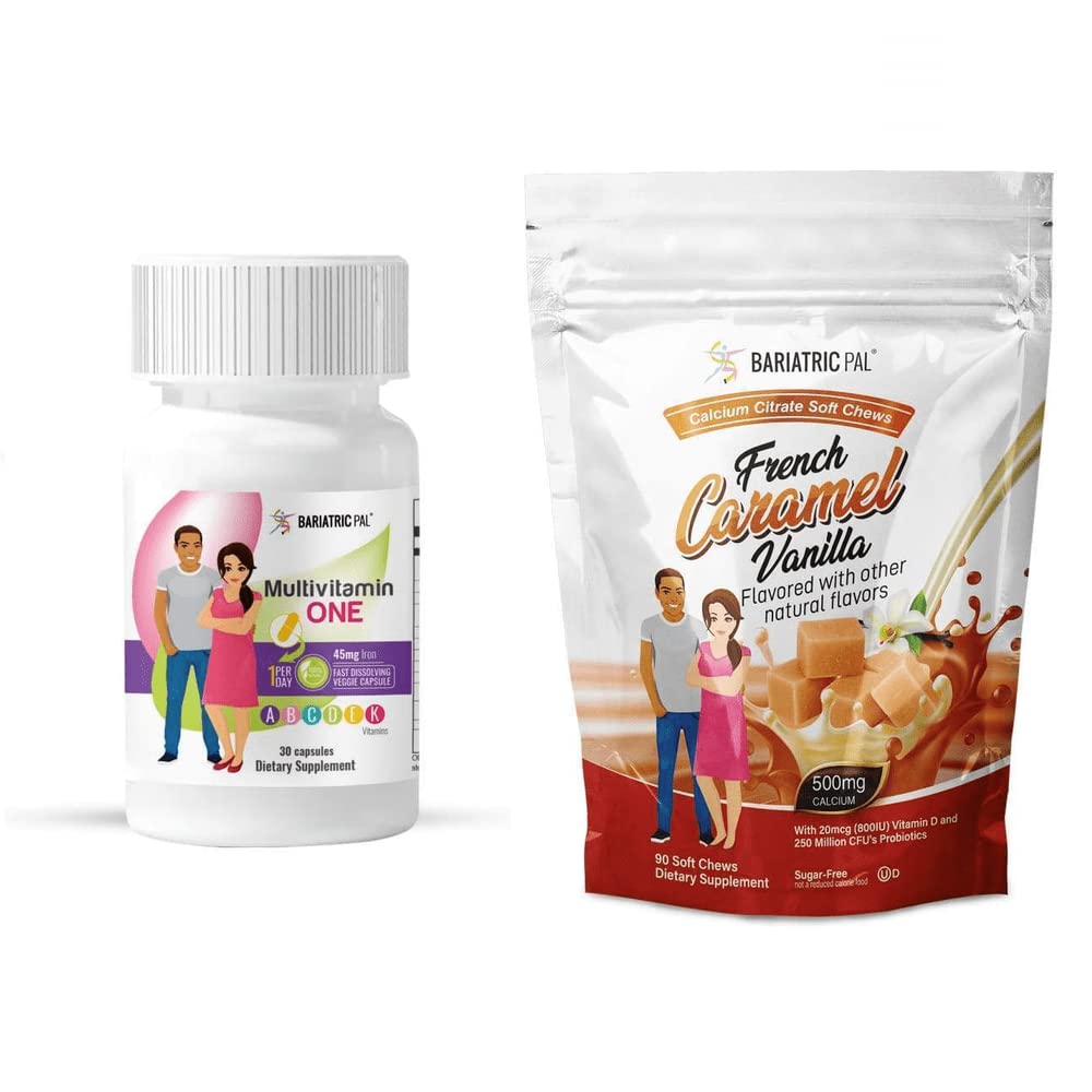 BariatricPal Duodenal Switch Complete 30-Day Supply Vitamin Pack (Capsule with 45mg Iron Calcium Citrate Soft Chews with Probiotics - French Caramel Vanilla)
