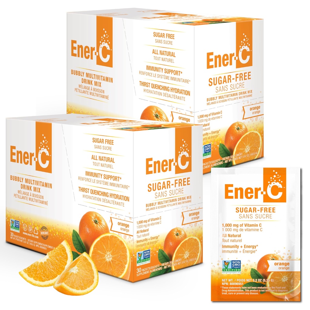 Energia-C Bezcukrowa Energia Pomarańczowa Multiwitamina Drink Mix Witamina C 1000mg & Elektrolity - Naturalne wsparcie odporności z Real Juice Sok owocowy proszki Non-GMO Wegan & Gluten Free - 60 Count