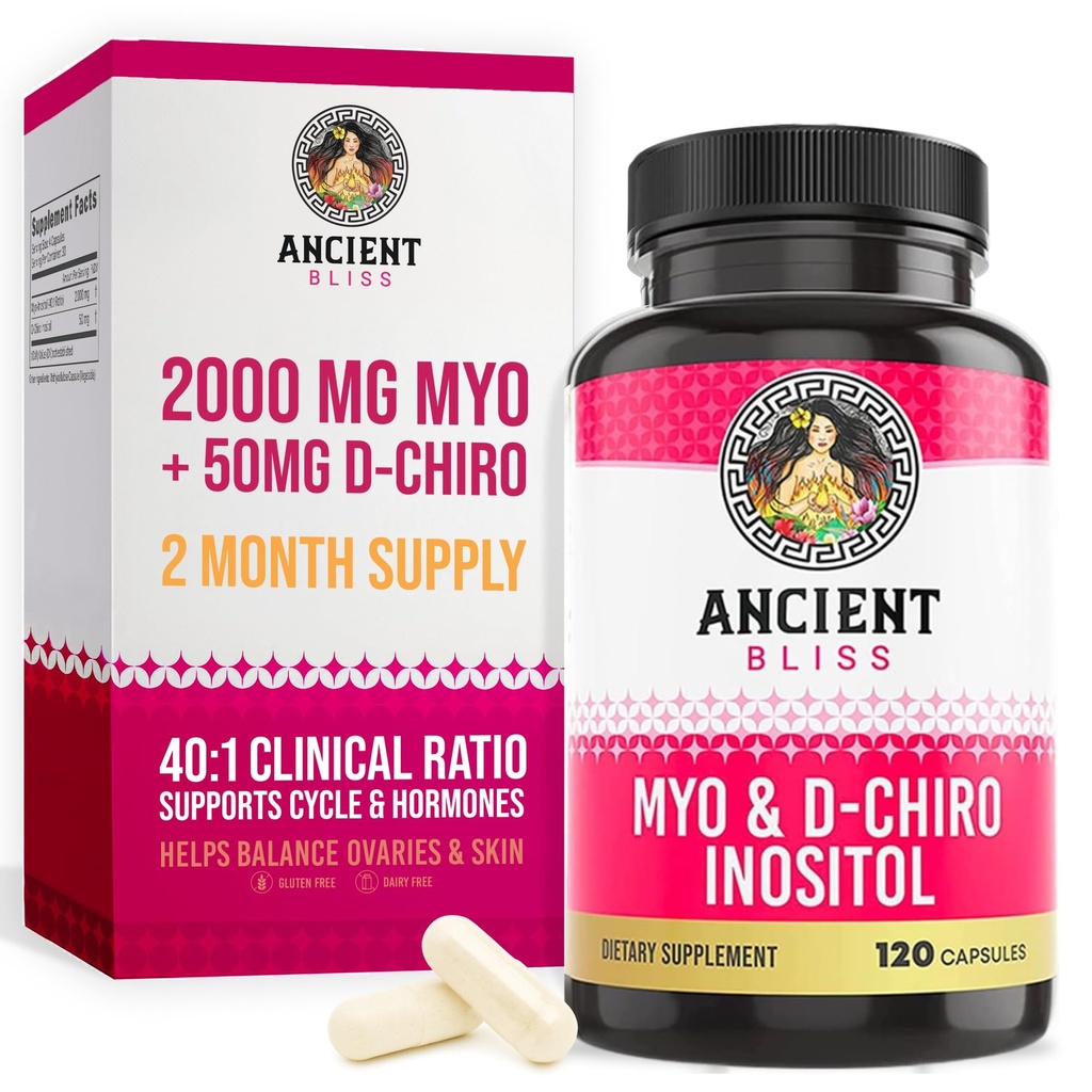 Ancient Bliss Myo & D- Chiro Inositol Suplement, 40 do 1 Stosunek, Pomaga w Wspomaganie funkcji jajników dla kobiet, Witamina B8 pomaga regulować cykl menstruacyjny, 2050mg na serwowanie, 120 Kapsułki Vegan