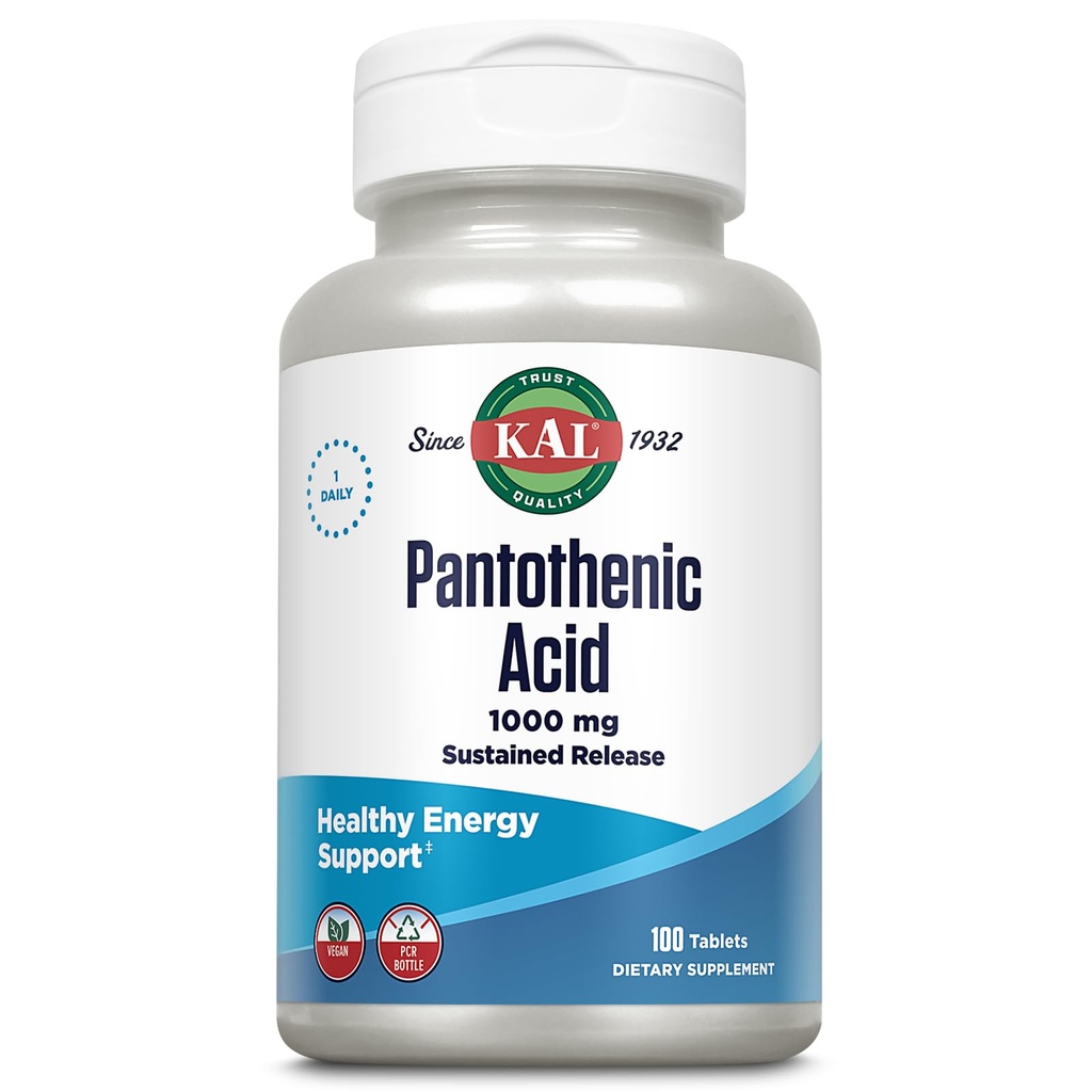 KAL Kwas pantotenowy 1000mg, Trwałe uwalnianie witaminy B5 - Suplementy energetyczne - Wspiera Metabolizm węglowodanów, tłuszczu i białka, Włosy i skóry zdrowia, Wegan, 60-dniowa gwarancja, 100 Służenia, 100 Tabletki