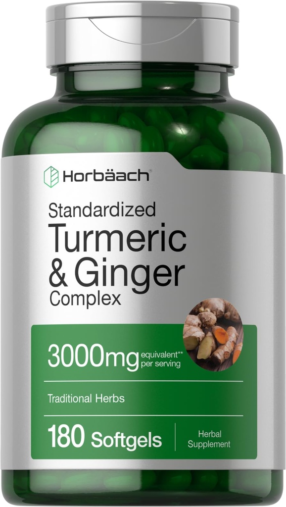 Horbäach Turmeric and Ginger Supplement Agregat 124; 3000 mg 180 Softgel Pigułki Agregat 124; z Black Pepper Extract Agregat 124; Non-GMO, Gluten Free Supplement