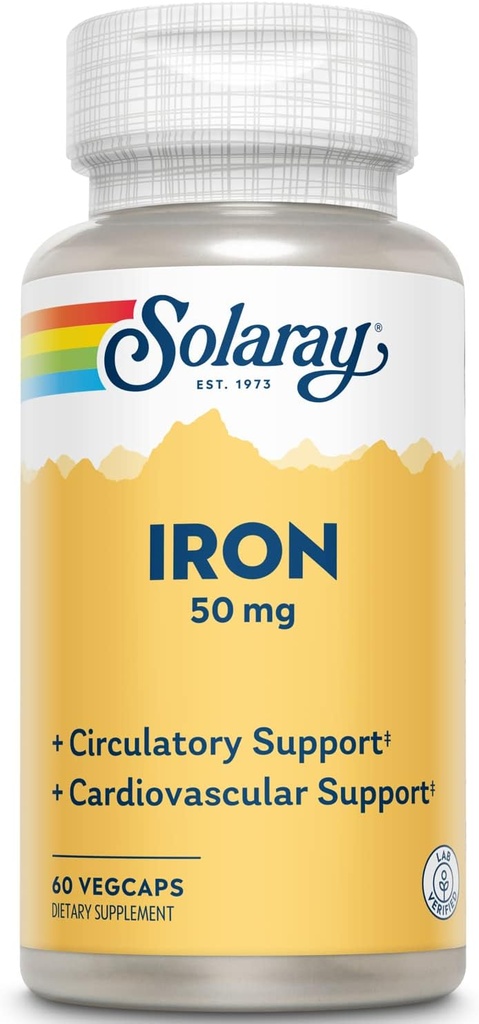 Solaray Żelazo 50 mg: 124; Zdrowe krążenie, funkcje sercowo-naczyniowe i wsparcie zdrowia krwinek czerwonych: 124; 60 VegeCaps