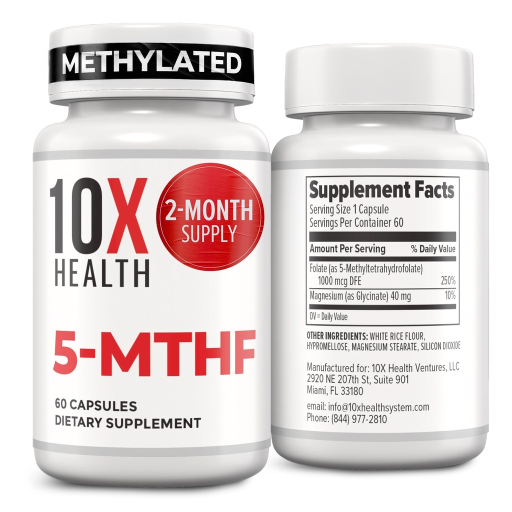 10X Health 5- MTHF Methylfolate - Methylled Folate & Magnez for Brain, Heart Health, DNA & Neurotransmiter Synteza - Biodostępny Methyl Folate Supplement - Methylfolate Supplement 60 Kapsułki