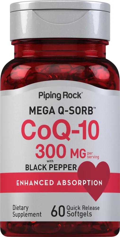 CoQ10 300mg XI124; 60 Softgels XI124; z Black Pepper XI124; Coq10 Coenzym Supplement XI124; Mega Q- Sorb XI124; Zwiększona absorpcja XI124; Non-GMO, Gluten Free XI124; Poprzez Piping Rock