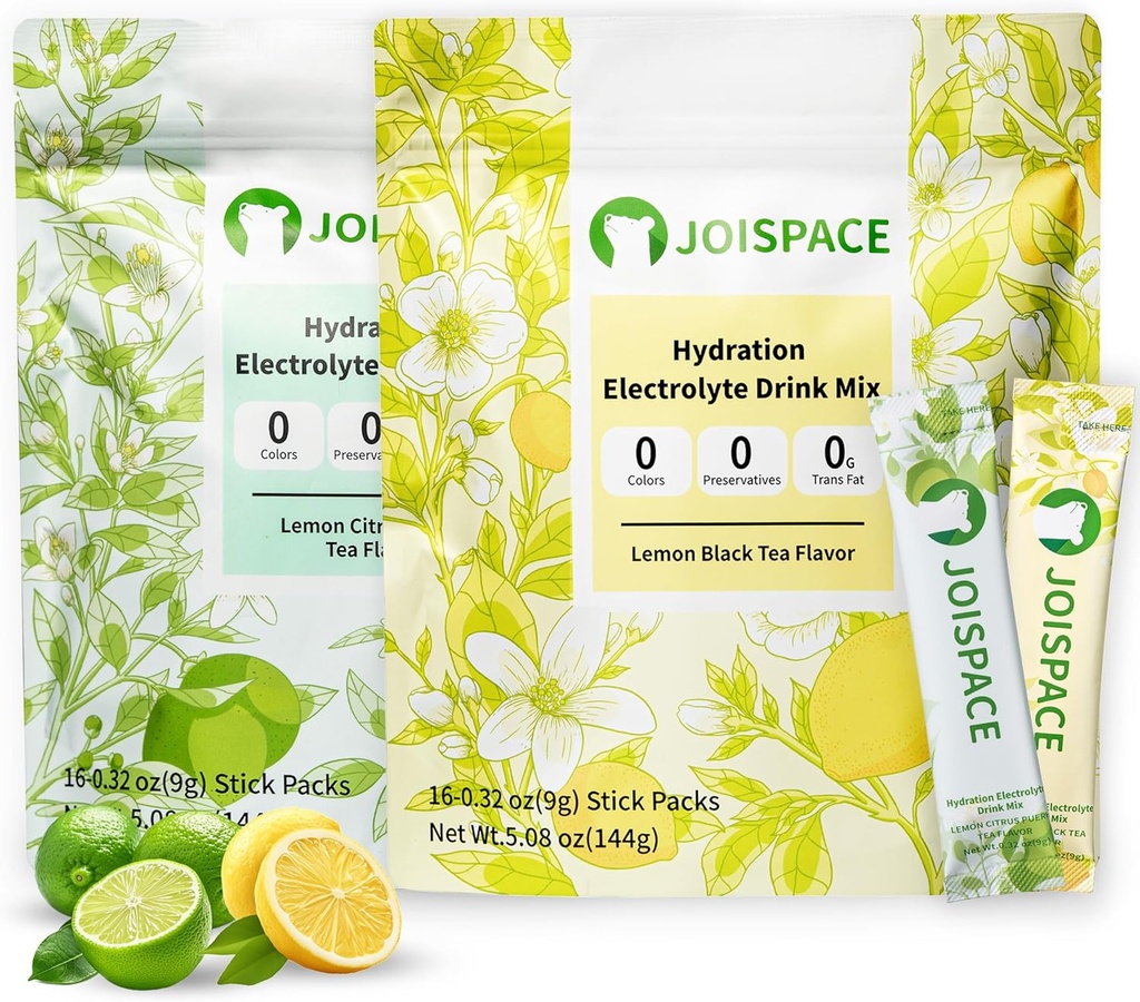 JOISPACE Electrolyte Drink Mix z polifenoli herbaty 124; Szybkie nawodnienie i elektrolity Boost 124; Non- GMO, Wegan, Gluten- Free Glutens 124; Lemon Tea & Lemon Lime Tea, 32 Servings