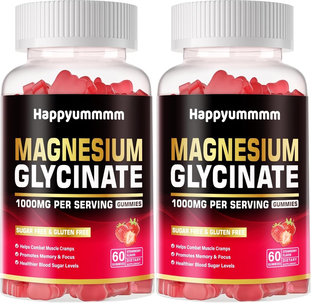Glucynian magnezu Gummies 1000mg - Suplement potasu bez cukru Magnezu z witaminą D, B6, CoQ10 dla uspokojenia nastroju i wsparcia snu - 120 Gummies truskawkowy
