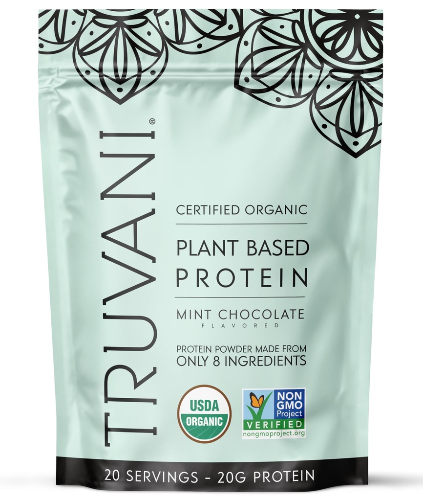 Truvani Vegan Pea Protein Powder Building 124; 20g Organic Plant- based Protein Bilans 124; Keto Bilans 124; Gluten & Dairy Free 124; Niskie węglowodory 124; Nie Dodano cukru 124; Czekolada miętowa 124; 20 Sługi 124;