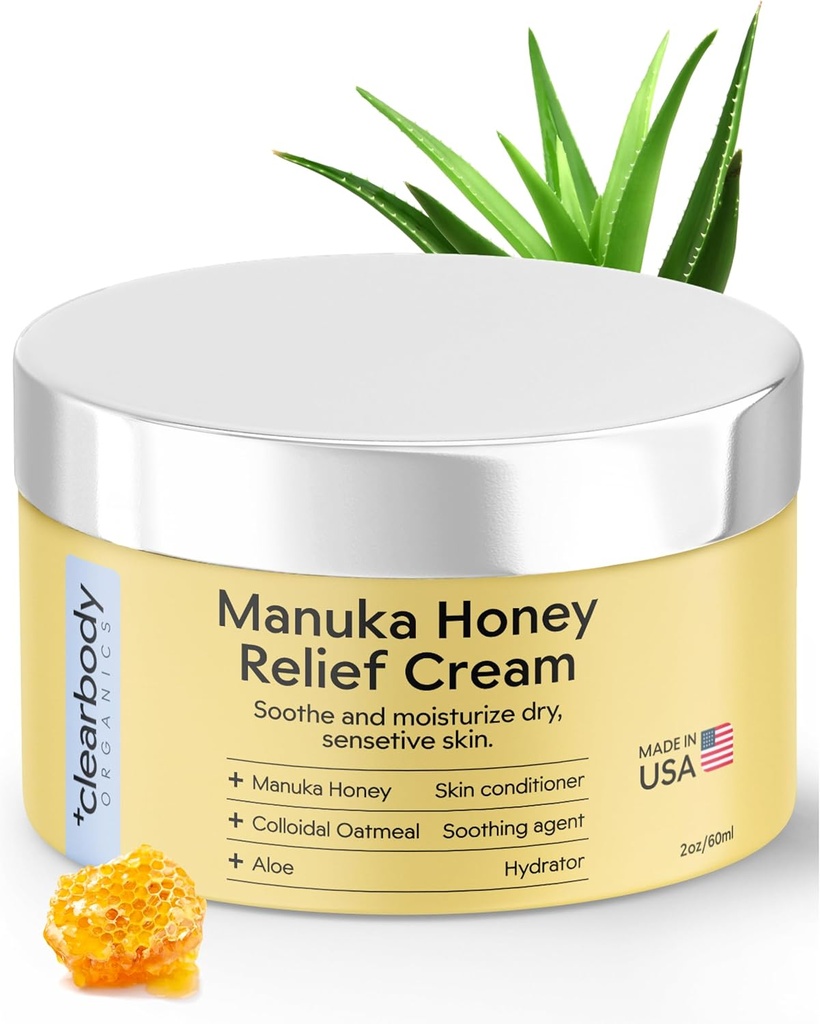 Clearbody Organics Manuka Honey Cream - 2 fl oz, Pack of 1 - Soothing Eczema Cream - Głębokie nawodnienie z Colloidal Oatbreak - Instant Manuka Relief for Dry, Swędzenie skóry