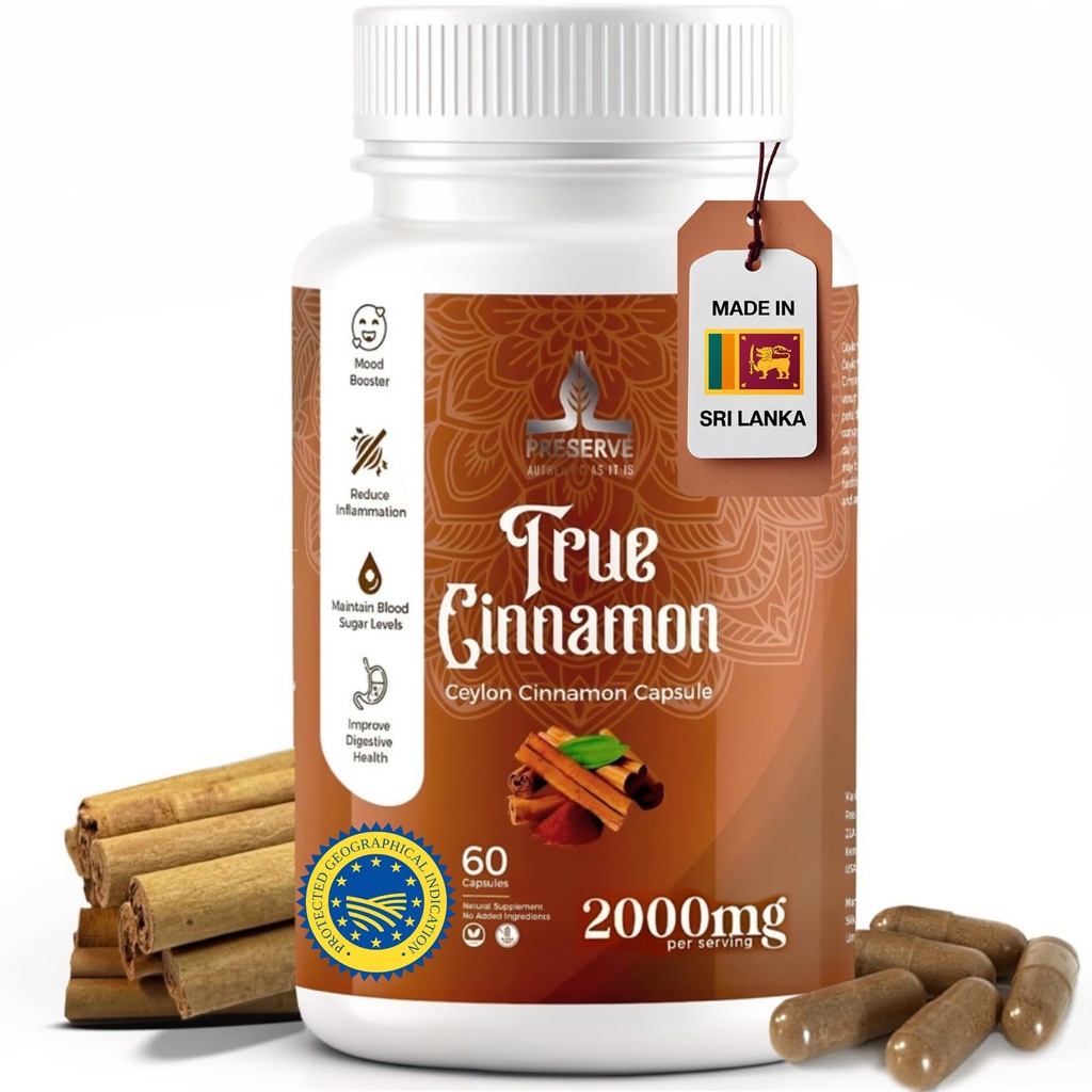 Czysty Ceylon Kapsułki cynamonowe, 2000 mg, Dwa Miesięczne Suplement DEV124; Made in Sri Lanka 124; Non- GMO, Gluten- Free, True Cinnamomum ze Sri Lanki, 100% Czysty Cynamon (NIE mieszać z Cassia).