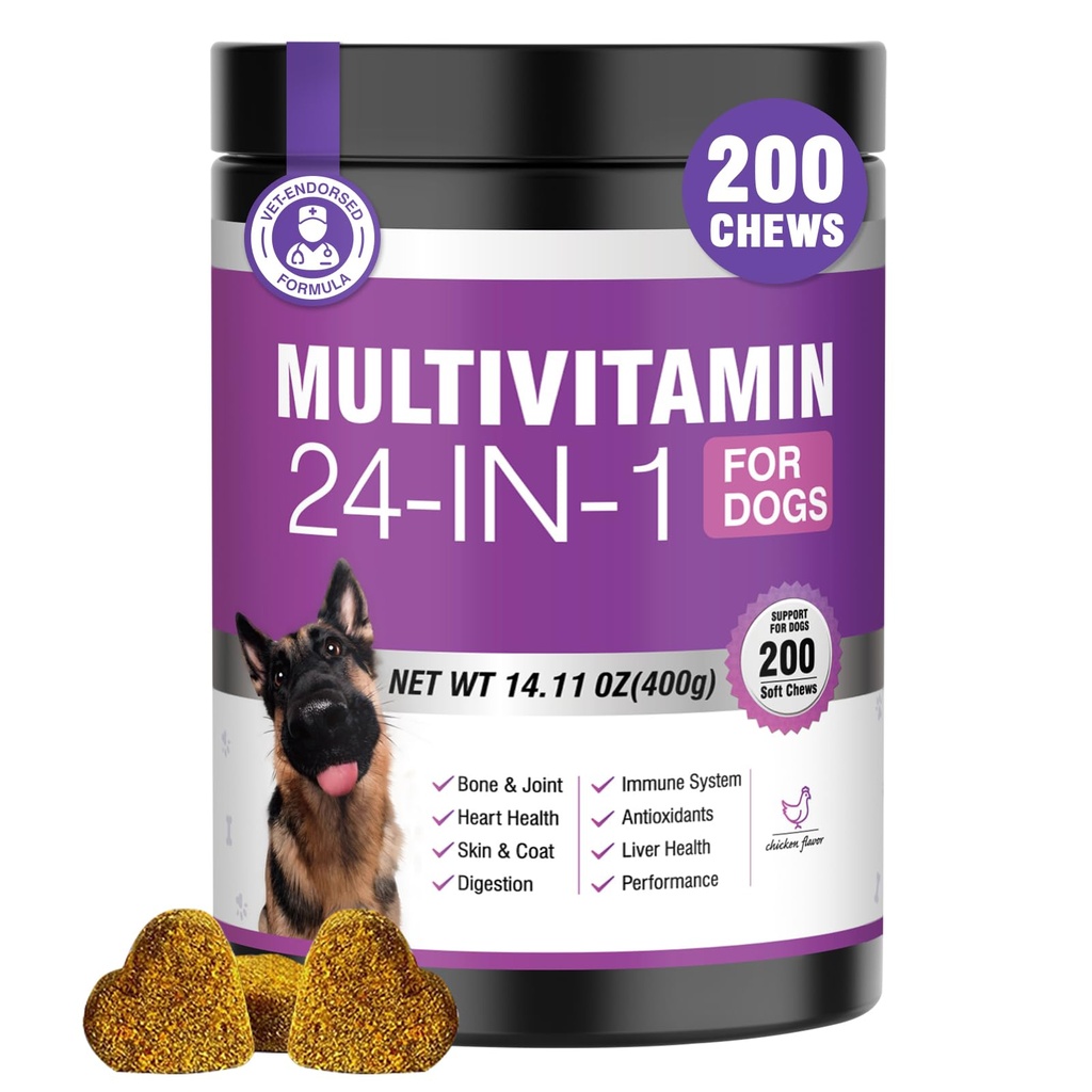 24-in-1 Dog Vitamins and Supplements 200 Ct Dogs Multivitamin Chewable Contain Chondroitin Probiotics Omega-3 Glucosamine for Dogs Skin Coat Heart Joint Gut Liver Brain Eyes Immune Support - Chicken